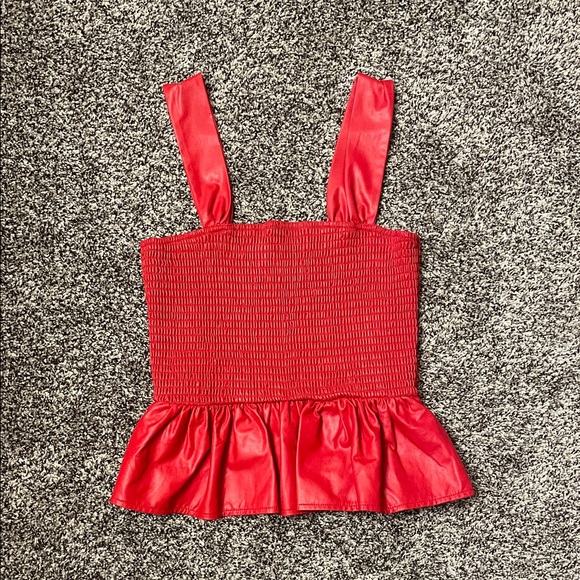 Red Faux Leather Smocked Peplum Top - Picture 1 of 1